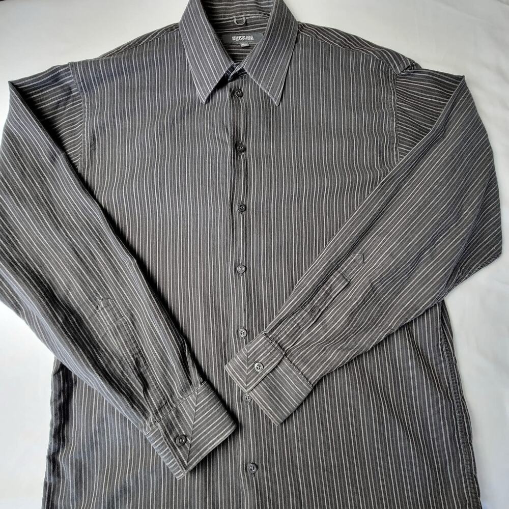 Kenneth Cole Reaction Long Sleeve Button Shirt Mens Large Gray Slate Pinstriped
